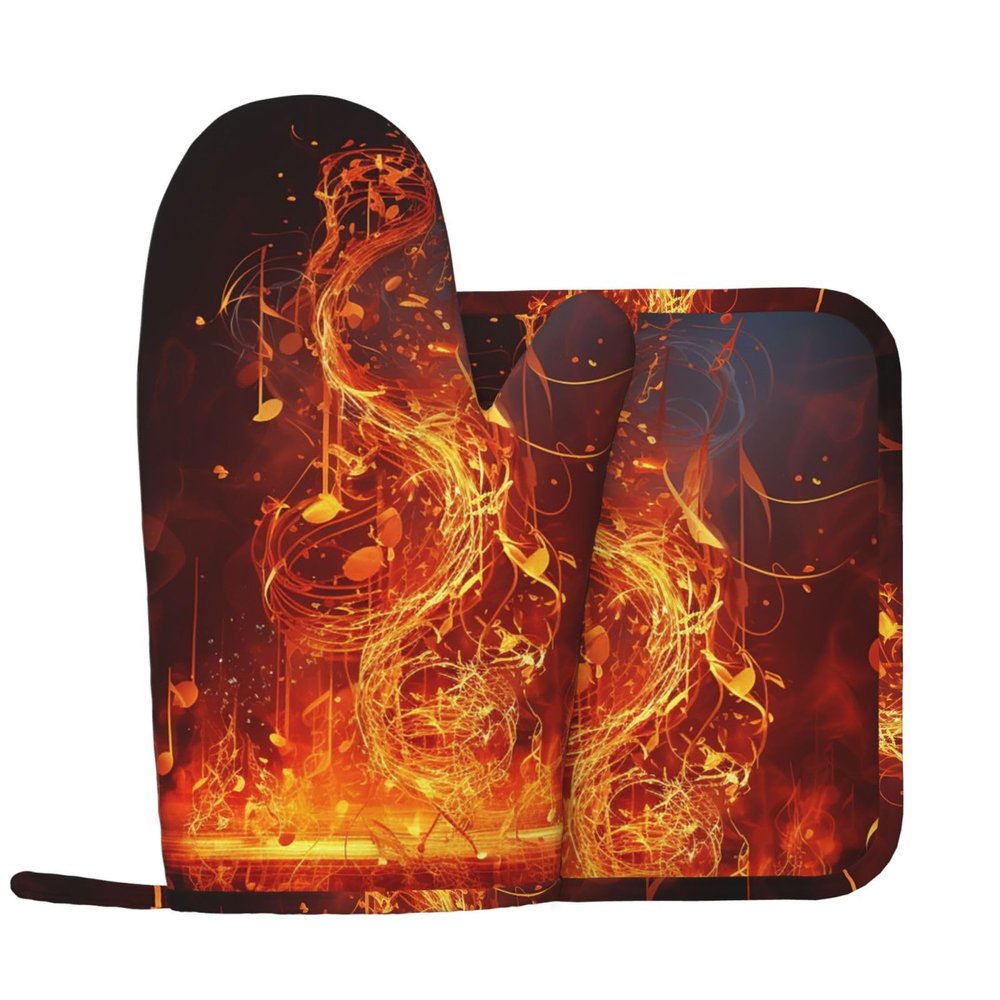 Red Flame Music Note Oven Mitts and Pot Holders Set, 500F High Heat Resistant Silicone Kitchen Oven Glove and Potholder Non-Slip Cooking Gloves with Pan Racks for Baking Grilling