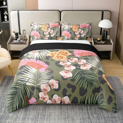 100% Cotton Leopard Print Plants Duvet Cover Pink Green Palm Leaves Retro Rose Bedding Set for Kids Teens Adults Afican Wildlife Skin Print Quilt Cover,1 Pillowcase(No Comforter) Twin Size 2 Pcs