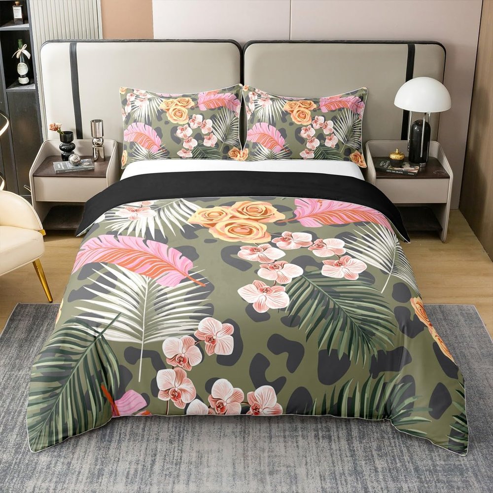 100% Cotton Leopard Print Plants Duvet Cover Pink Green Palm Leaves Retro Rose Bedding Set for Kids Teens Adults Afican Wildlife Skin Print Quilt Cover,1 Pillowcase(No Comforter) Twin Size 2 Pcs