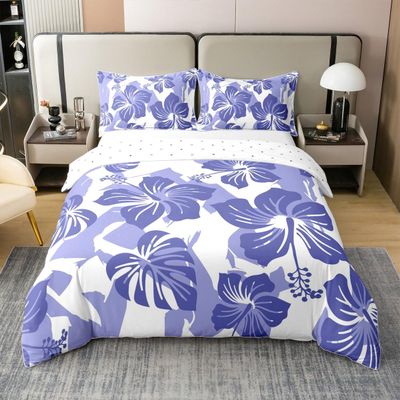 100% Cotton Tropical Floral Duvet Cover King Size 3 Pcs Tropical Palm Leaves Decor Bedding Set for Kids Teens Adults Blooming Flowers Modern Simple Comforter Cover,2 Pillowcases(No Comforter)