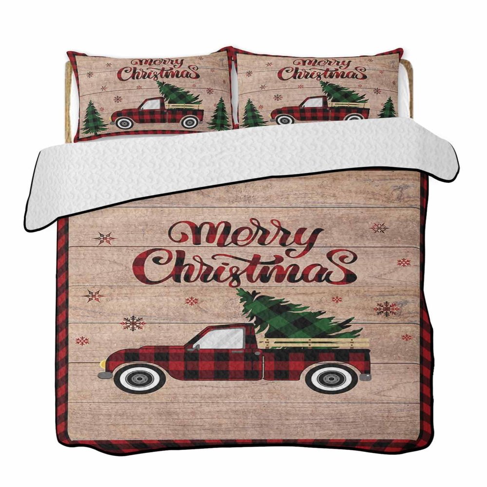 BketraquerC Twin XL Quilt Set, Retro Farm Plaid Car Lightweight Soft Microfiber Summer Bedspread Coverlet with 2 Pillow Shams, Buffalo Grid Xmas Tree on Wood Grain 3 Piece Bedding Set for All Seasons