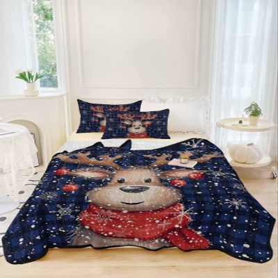 Full Quilt Set, Reindeer Xmas Ball Winter Snowflakes Lightweight Soft Microfiber Summer Bedspread Coverlet with 2 Pillow Shams, Blue Black Buffalo Check 3 Piece Bedding Set for All Seasons