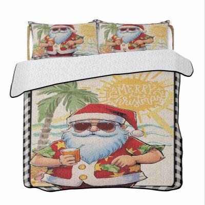 Twin XL Quilt Set, Merry Christmas Santa Claus Beach Vacation Lightweight Soft Microfiber Summer Bedspread Coverlet with 2 Pillow Shams, Hawaii Palm Trees Checker 3 Piece Bedding Set for All Seasons