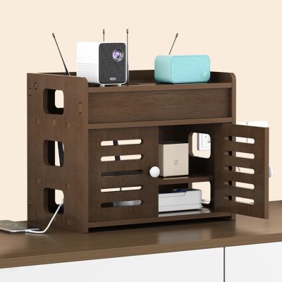 WiFi Router Storage Cabinet Hidden Box, Floor Standing Router Storage Box Modem, Invisible Storage Double-Deck Shelf for Home and Office(Brown,14.2x8.7x11.8in)
