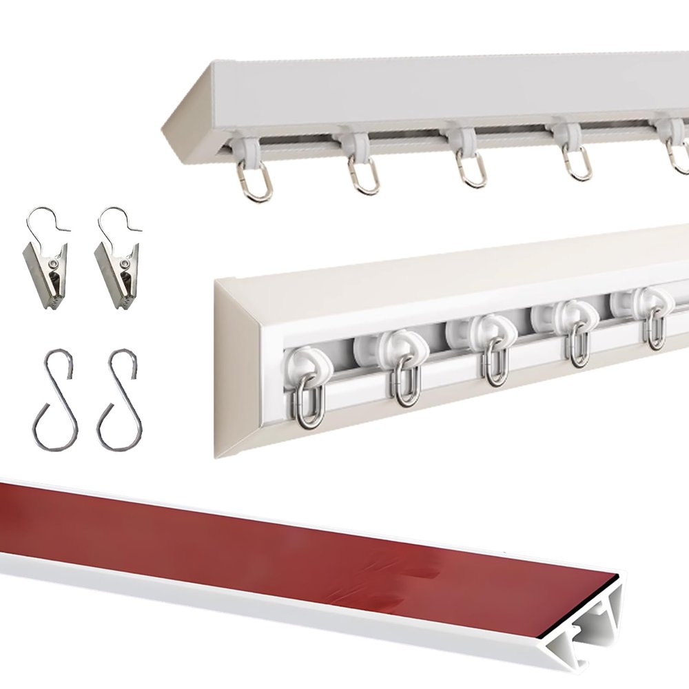 Adhesive Curtain Rod Holder Curtain Track Ceiling/Wall Mount Renter Friendly Curtains Rails No Drill White Black with Clip and Hook for Room Divider Shower(White,90cm/3ft)