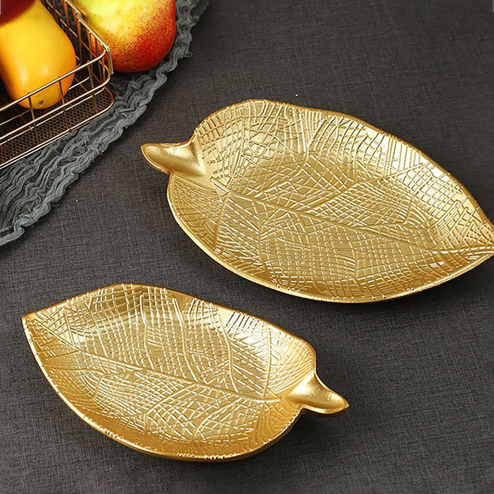 ADFLTFC Gold Tray Decorative, Leaf Shaped Trinket Dish, Leaf Tray Fruit Plate Tray Fruit Bowl Leaf Tray Decorative Fruit Plate Serving Dessert Plate for Home(B)