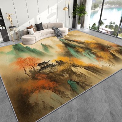 Zoainuos Chinese Rugs for Living Room - 8x10 Rug, Chinese Landscape Living Room Rugs, Asian Bedroom Rug, Watercolor Carpet, Asian Style Home Decor & Gifts