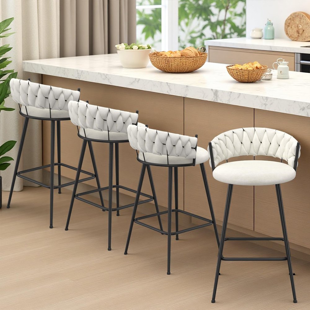 Aesawela Bar Stools Set of 4, 30 Inch Bar Height Upholstered Barstools with Velvet Woven Backrest & Metal Legs for Bar Counter