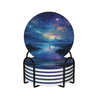 6Pcs Coaster for Drinks Night Sky Ceramic Drink Coasters with Holder Absorbent Table Coasters Set with Cork Base Decorative Coffee Cup Mat Bar Coaster for Home Decor
