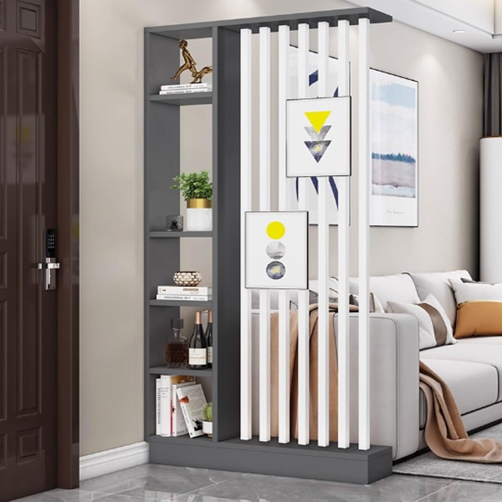 1set Stylish Wooden Room Divider with Shelf - Freestanding Privacy Screen for Home Decor and Storage Solutions(Gray+White,39.3x9.4x79.5in)