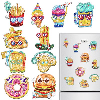10 Pcs Diamond Art Magnets for Fridge, Foodie Hamburger Diamond Painting Magnet Kits for Adults Home DIY Craft Decor