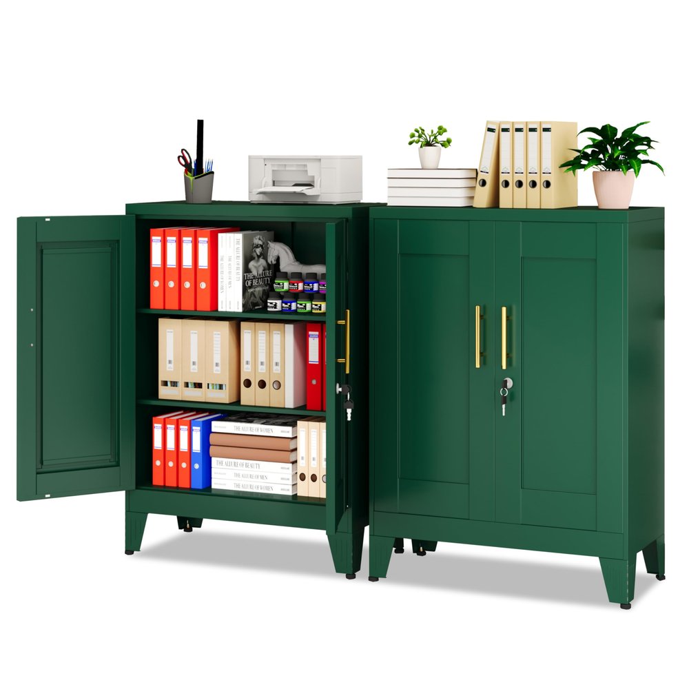 GAIOUS Green Metal File Cabinet with Lock (Two Units), Steel Storage Cabient with 2 Doors and 2 Adjustable Shelves, Multifunctional Locked Cabinet for Home/Office/Garage/Tool Room, Accent Furniture