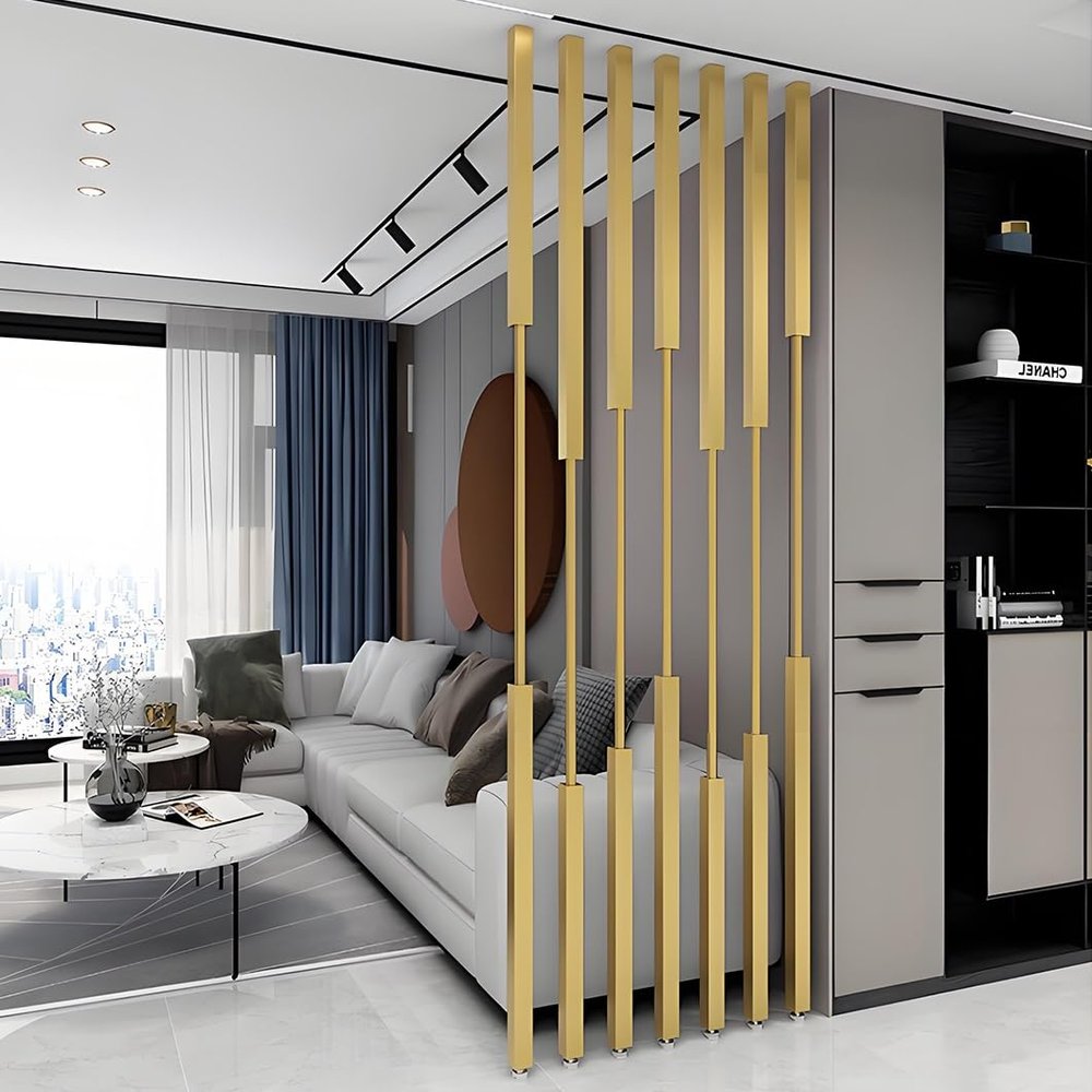7 Pcs Adjustable Height Room Divider - Iron Privacy Screens for Bed, Living Room, and Office Use |(Gold,125cm)