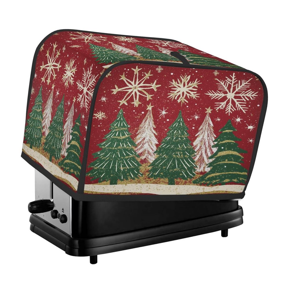 2 Slice Toaster Cover,Christmas Tree Snowflakes on Red Small Kitchen Appliance Bread Machine Cover with Pockets,Dust & Fingerprint Protection