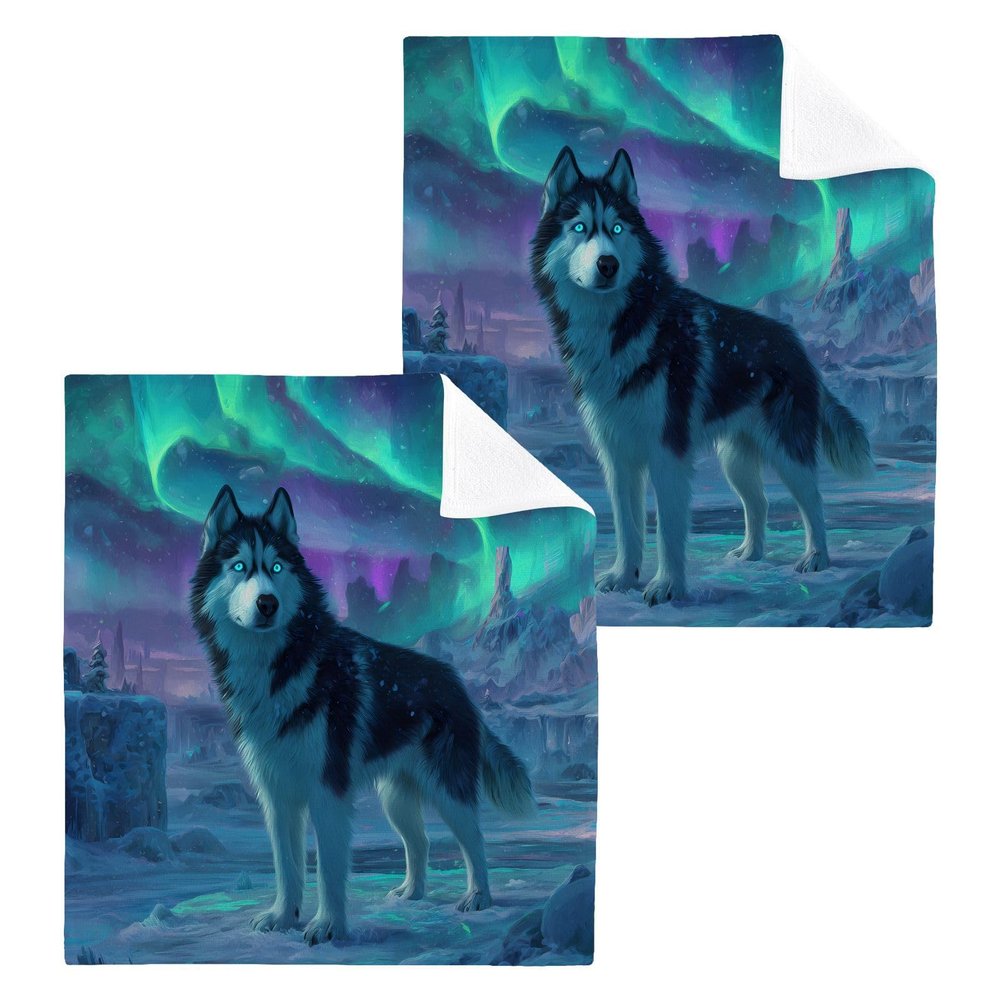 ALAZA Husky Northern Lights Dog Towels Cotton Washcloths Set,Soft Absorbent Quick Dry Face Cloths,Multi-Purpose Fingertip Towels for Bathroom,Hotel,Travel,12'' x 12'' (2 Pack)