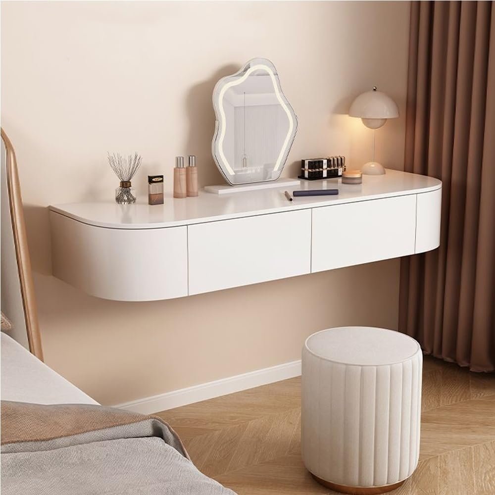 Qivzixamjr Floating Makeup Vanity for Wall, Wall Mounted Desk with Drawers, Wood White Corner Desk, Modern Dressing Table for Bedroom(47.2in)