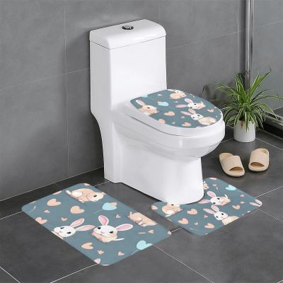 Anti-Slip Floor Mat Set of 3 MSRHIUEF Cartoon Cute Bunny Stamp U-Shaped Toilet Floor Mat, Tightly Attached, Absorbent & Durable, Thick & Comfortable