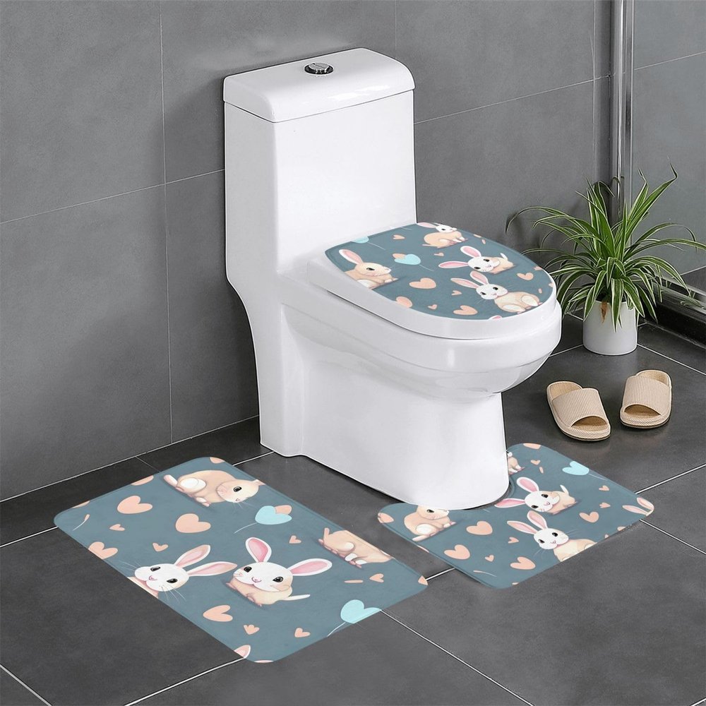 Anti-Slip Floor Mat Set of 3 MSRHIUEF Cartoon Cute Bunny Stamp U-Shaped Toilet Floor Mat, Tightly Attached, Absorbent & Durable, Thick & Comfortable