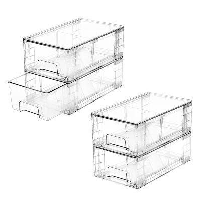 4 Pack Stackable Storage Drawers, Bathroom & Undersink Organizer with Removable Dividers - Acrylic Drawer Organizers with Handles for Fridge, Kitchen Cabinet, Pantry Storage