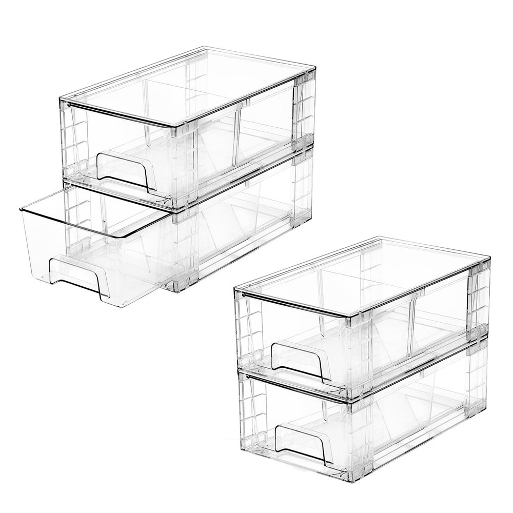 4 Pack Stackable Storage Drawers, Bathroom & Undersink Organizer with Removable Dividers - Acrylic Drawer Organizers with Handles for Fridge, Kitchen Cabinet, Pantry Storage