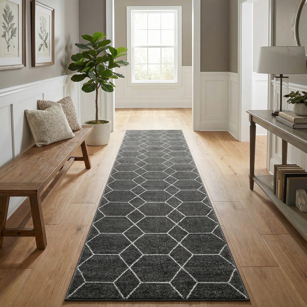 Rugs.com - Lattice Frieze Rug 16 Ft Runner Dark Gray Easy-Clean Runner Rug, Ideal for Hallways, Entryways, and High-Traffic Areas