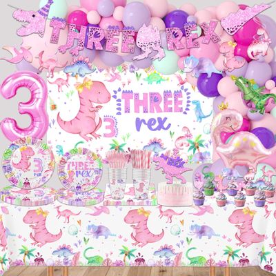 317 Pcs Dinosaur 3rd Birthday Decorations for Girl, Dino Three Rex Party Supplies, 20 Serves Paper Plates, Cups, Napkins, Backdrop, Tablecloth, Cake Topper, Swirls, Banner, Balloons Garland Kit