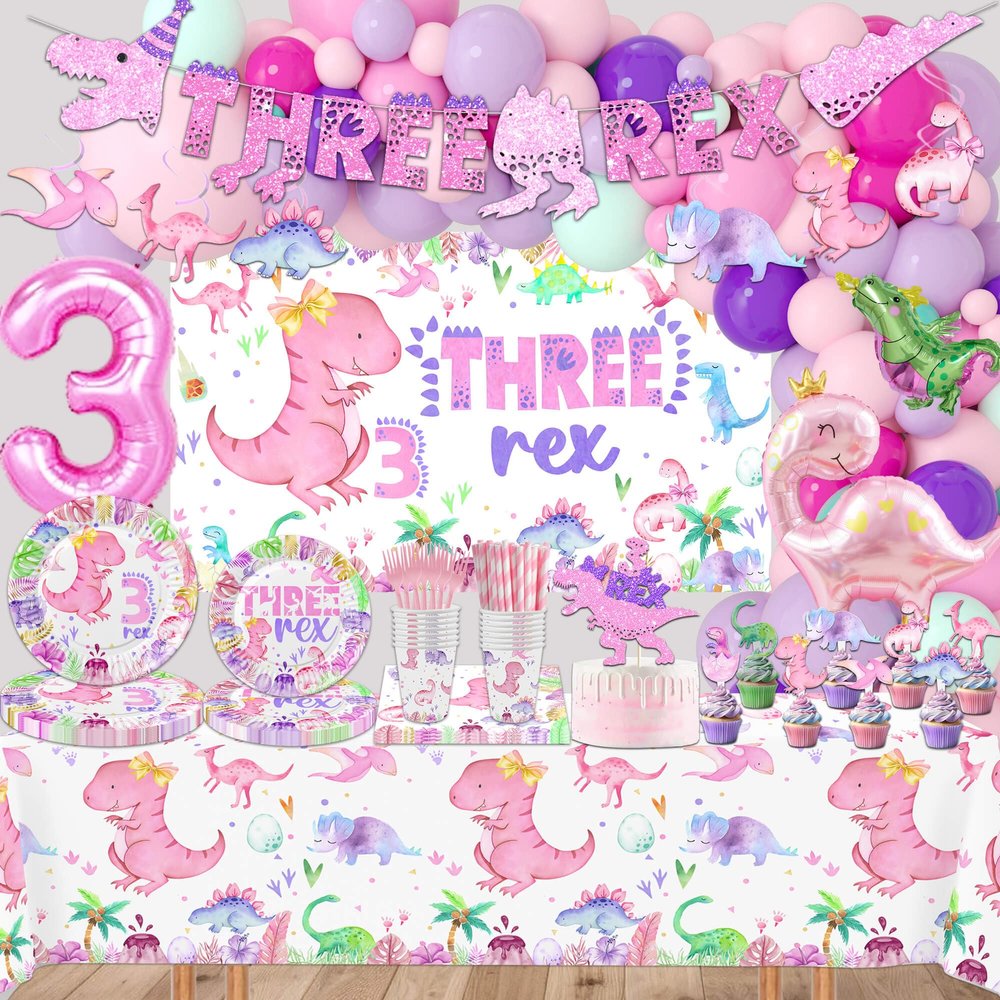 317 Pcs Dinosaur 3rd Birthday Decorations for Girl, Dino Three Rex Party Supplies, 20 Serves Paper Plates, Cups, Napkins, Backdrop, Tablecloth, Cake Topper, Swirls, Banner, Balloons Garland Kit