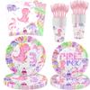 317 Pcs Dinosaur 3rd Birthday Decorations for Girl, Dino Three Rex Party Supplies, 20 Serves Paper Plates, Cups, Napkins, Backdrop, Tablecloth, Cake Topper, Swirls, Banner, Balloons Garland Kit view 2