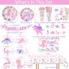 317 Pcs Dinosaur 3rd Birthday Decorations for Girl, Dino Three Rex Party Supplies, 20 Serves Paper Plates, Cups, Napkins, Backdrop, Tablecloth, Cake Topper, Swirls, Banner, Balloons Garland Kit view 4