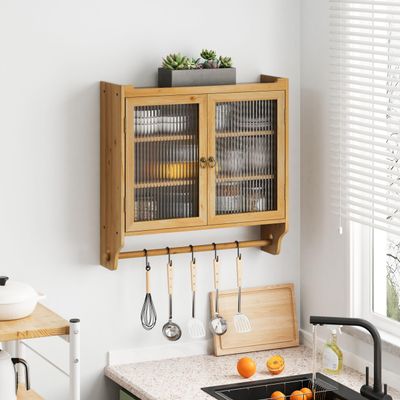ROCKRAIN Vintage Wall Mounted Cabinet: 24.8 Inch Glass Door Storage with Towel Rack - Solid Wood & Glass 3 Tier Shelves for Bathroom Kitchen Dining Room Organization