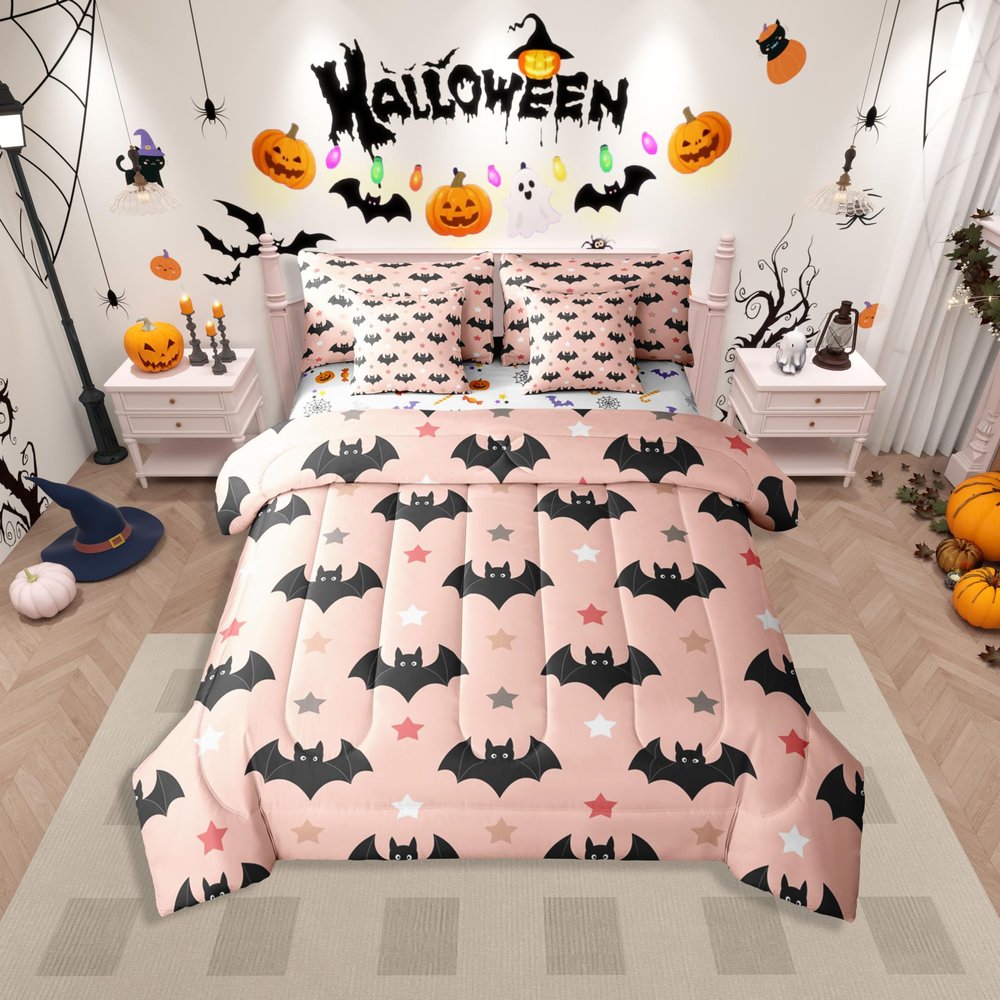 Erosebridal Black Bats Comforter Set Halloween Themed Bed in A Bag Queen Size 7 Pieces Animal Starry Kawaii Kids Children Girls Boys Bed Set Bedding