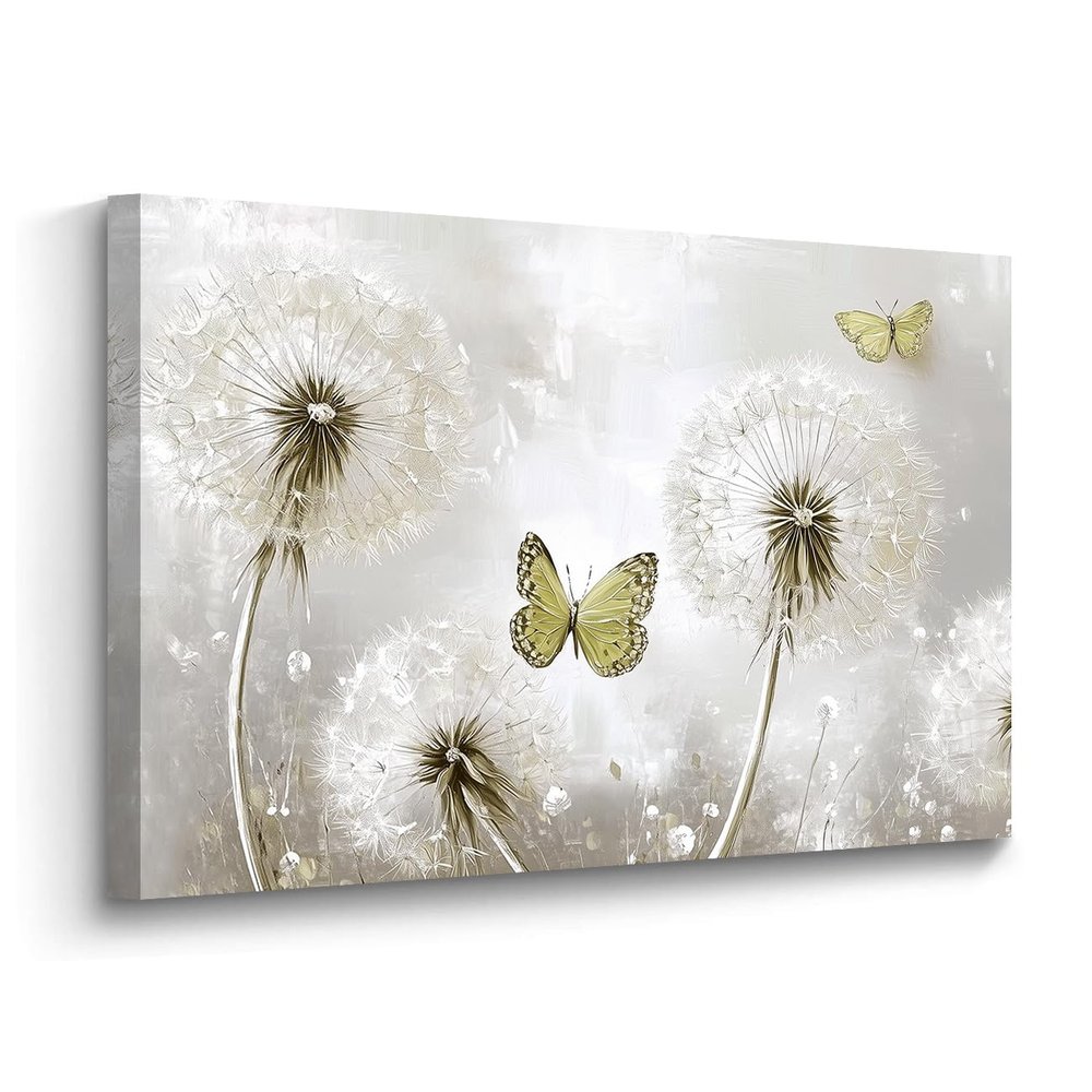 BJYCHG Dandelion Canvas Wall Art Rustic Dandelion Butterfly Paintings Vintage Farmhouse Floral Pictures Abstract Wish Flower Poster Prints for Bathroom Framed (Yellow, 28L x 42W)