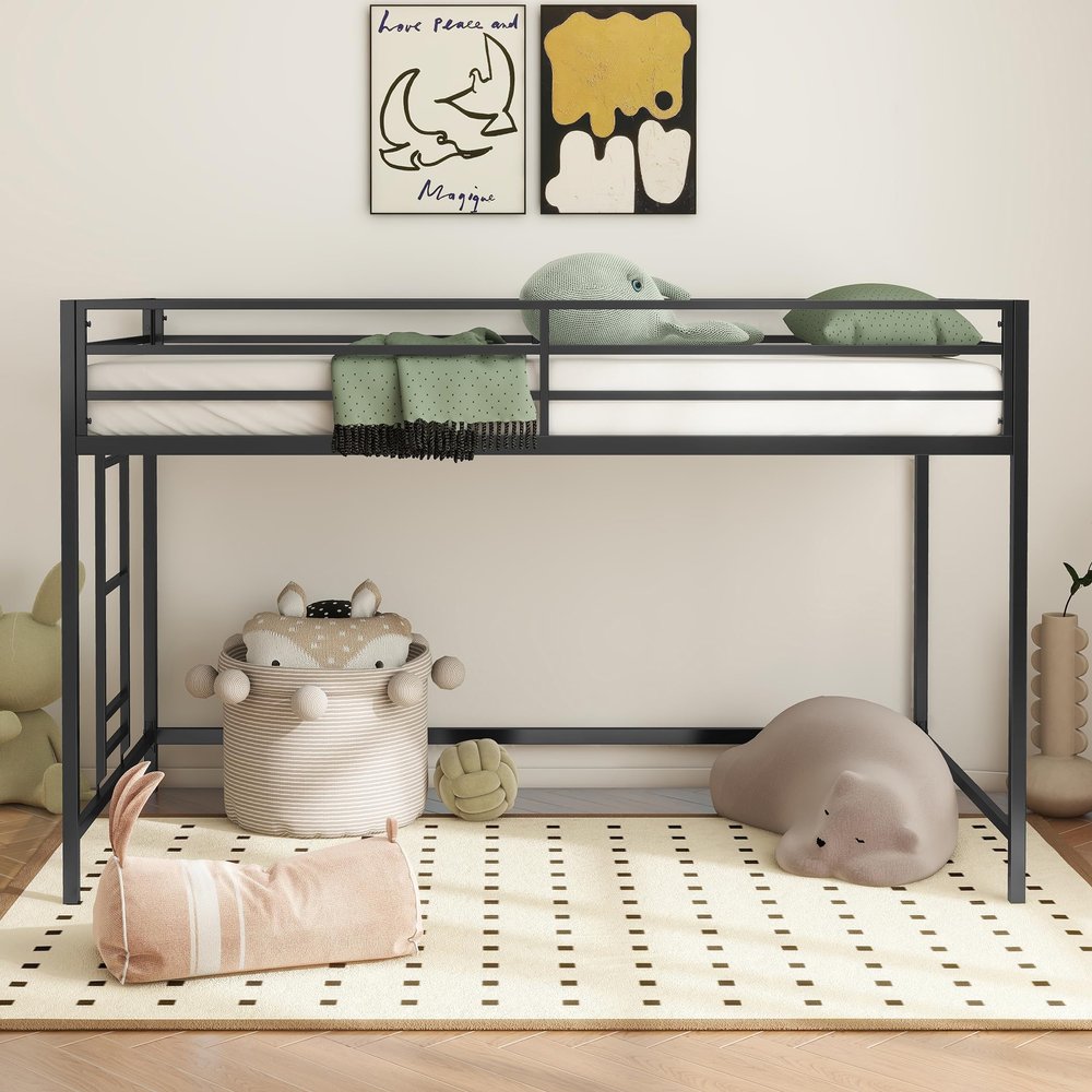 YJNKU Junior Twin Loft Bed Metal Frame Black, Space Saving Low Bunk Bed for Kids Teens and Adults, Sturdy Square Tube Loft Bed with Guardrails and Easy Climbing Ladder for Bedroom