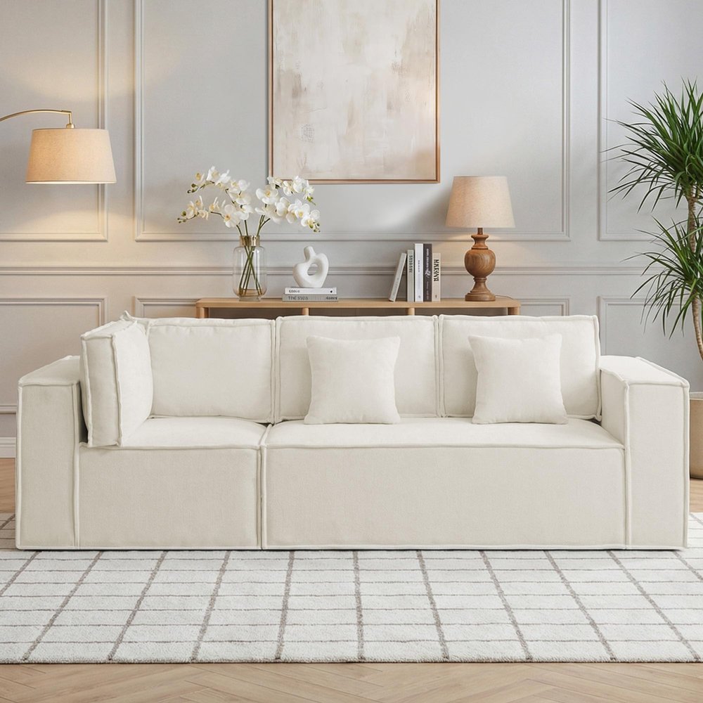 108'' Comfy Chenille Boneless Couch, Oversized Modular Sectional 3 Seater Sofa, Modern Deep Seat Corner Cloud Compressed Couch, No Assembly Sleeper Sofa with Chaise for Living Room, Beige