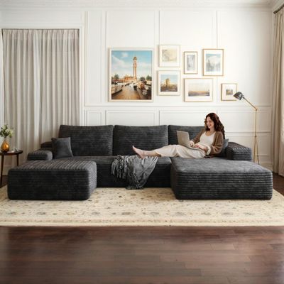 108" W Corduroy Sectional Boneless Cloud Couch with Chaise & Ottoman, No Assembly Required, U Shaped Modular Sectional Sofa, Cozy Fluffy Sofa for Living Room (Black, Right Facing Chaise+Ottoman)