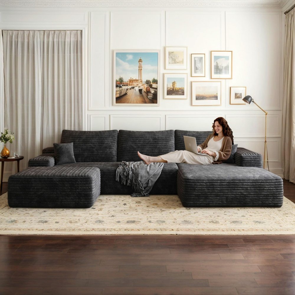 108" W Corduroy Sectional Boneless Cloud Couch with Chaise & Ottoman, No Assembly Required, U Shaped Modular Sectional Sofa, Cozy Fluffy Sofa for Living Room (Black, Right Facing Chaise+Ottoman)