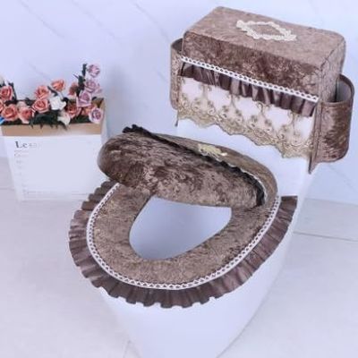 3PCS Toilet Seat Cover Set,Velvet Embroidery Lace Toilet Mat with 2 Pockets,Embroidered Bathroom Decor,Toilet Seat Cover/Lid Cover/Tank Cover Set(Brown)