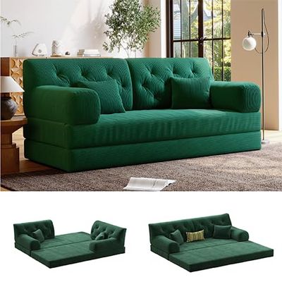 5-in-1 Folding Convertible Sofa Bed, Loveseat Sleeper with Pull-Out Bed, Floor Sofa Modular Futon Couch, 79" Oversized Corduroy Upholstered Boneless Couch for Living Room, Bedroom, Lounge, Green-C