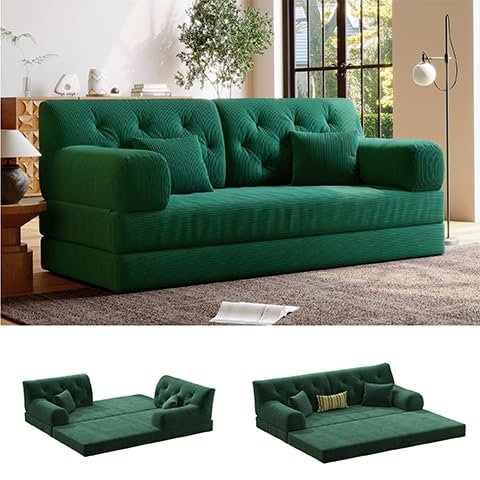 5-in-1 Folding Convertible Sofa Bed, Loveseat Sleeper with Pull-Out Bed, Floor Sofa Modular Futon Couch, 79" Oversized Corduroy Upholstered Boneless Couch for Living Room, Bedroom, Lounge, Green-C