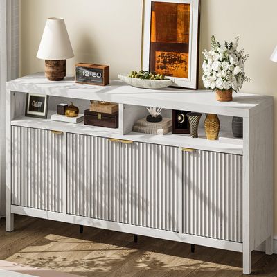 65.8 Inch Modern Fluted Sideboard Cabinet 4-Door Storage Buffet with Adjustable Shelves, Versatile Organizer for Dining Room, Living Room, Entryway, Retro White
