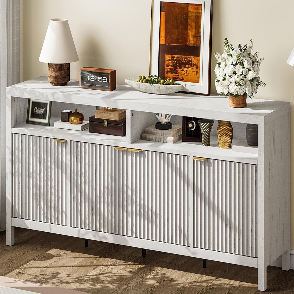 65.8 Inch Modern Fluted Sideboard Cabinet 4-Door Storage Buffet with Adjustable Shelves, Versatile Organizer for Dining Room, Living Room, Entryway, Retro White