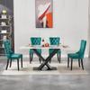 70" White Faux Marble Dining Room Table Chairs Set for 4, 5-Piece Modern Kitchen Table Set with Velvet Chairs with Black X-Shaped Carbon Steel Base and 4 Green Accent Chair for Home view 3