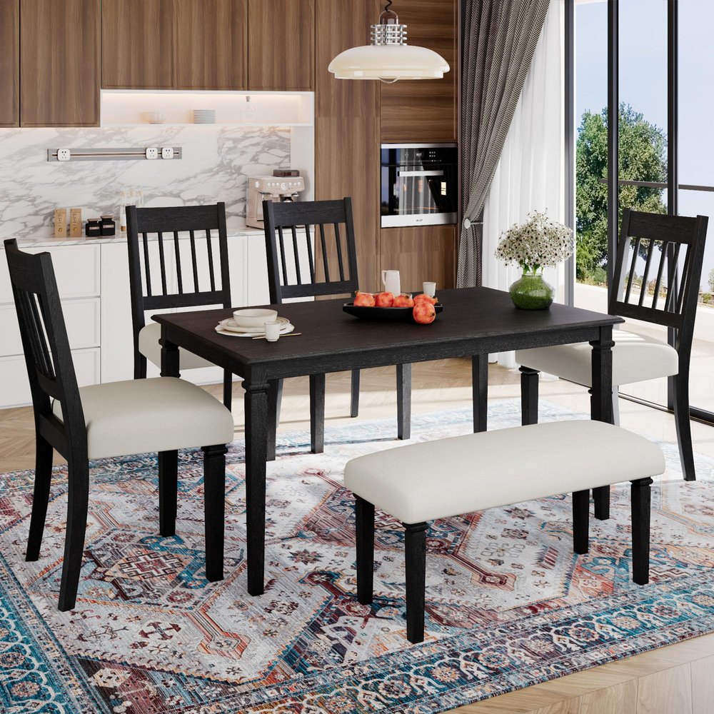 anwickjeff Dining Room Table for 6 Pieces, Farmhouse Kitchen Tables Set for 6 with 4 Chairs & Bench, Wooden Rectangular Table for Dining Room (Grey)