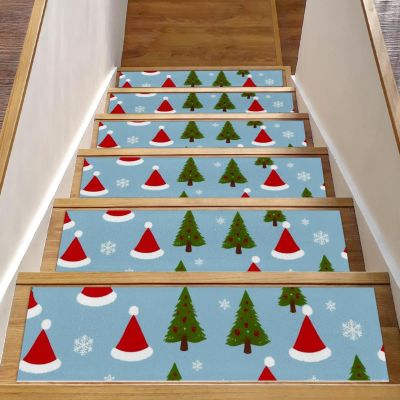 Stair Treads Non-Slip 15 Pcs 30" x 8" Indoor Staircase Step Treads Christmas Tree Hat Washable Stair Grips Peel and Stick Carpet Stairway Runners Mats for Wooden Step