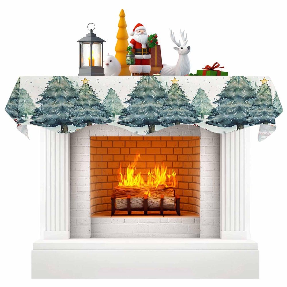 Fireplace Scarf Christmas Tree Stars Xmas Gift Mantel Scarf Fireplace Top Runner Mantle Scarves Cover, Farm Pine Tree Green Gradient Fireplace Mantle Table Runner for Party Holiday Home Decor