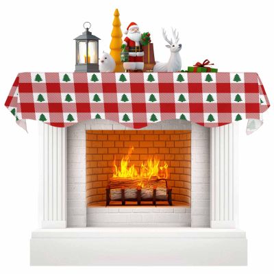 Chees D Zone Fireplace Scarf Merry Christmas Green Trees Seamless Mantel Scarf Fireplace Top Runner Mantle Scarves Cover, Red Buffalo Plaid Fireplace Mantle Table Runner for Party Holiday Home Decor