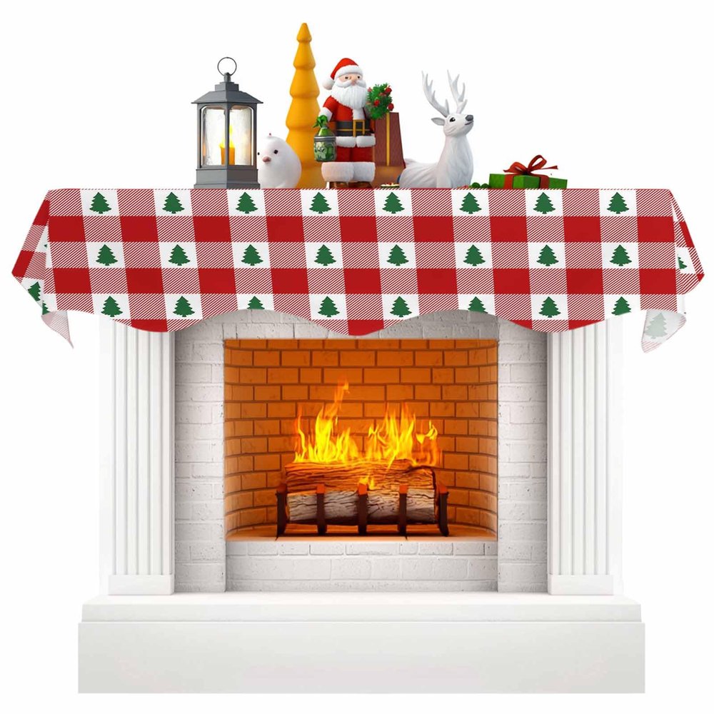 Chees D Zone Fireplace Scarf Merry Christmas Green Trees Seamless Mantel Scarf Fireplace Top Runner Mantle Scarves Cover, Red Buffalo Plaid Fireplace Mantle Table Runner for Party Holiday Home Decor