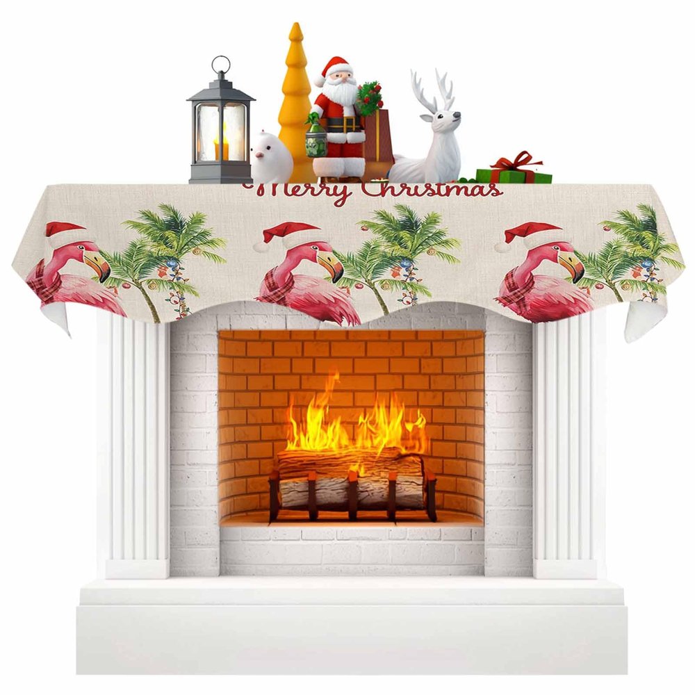 Chees D Zone Fireplace Scarf Christmas Pink Flamingo Santa Hat Mantel Scarf Fireplace Top Runner Mantle Scarves Cover, Palm Tree Retro Linen Fireplace Mantle Table Runner for Party Holiday Home Decor