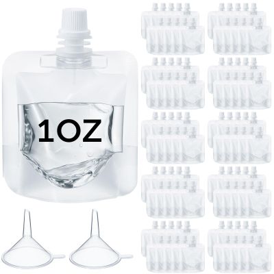 Seeloowy 100 Pcs Plastic Pouches Bulk Clear Juice Bags Squeeze Pouches Plastic Leak Proof Bags with Funnel for Party Favors (1 oz)