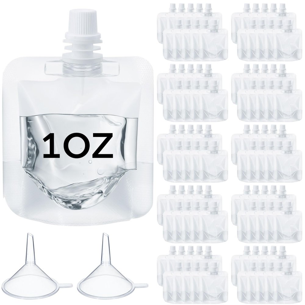 Seeloowy 100 Pcs Plastic Pouches Bulk Clear Juice Bags Squeeze Pouches Plastic Leak Proof Bags with Funnel for Party Favors (1 oz)